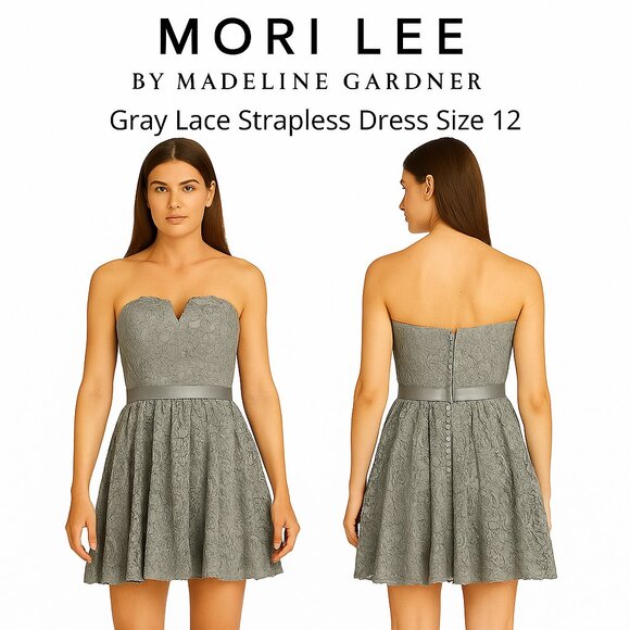 Mori Lee Gray Lace Strapless Cocktail Dress Sz 12 - Picture 1 of 12